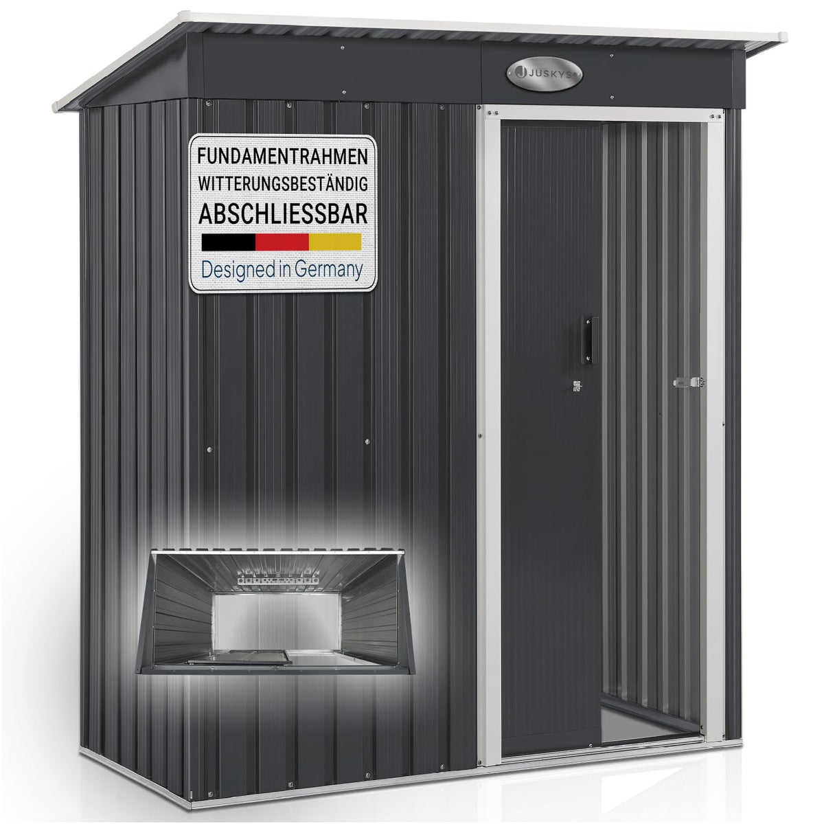 Juskys Geräteschuppen Metall XL – Gartenhaus & Gerätehaus mit Schiebetür, Fundamentrahmen & Schloss, wetterfester Gartenschrank zur Aufbewahrung – Dunkelgrau