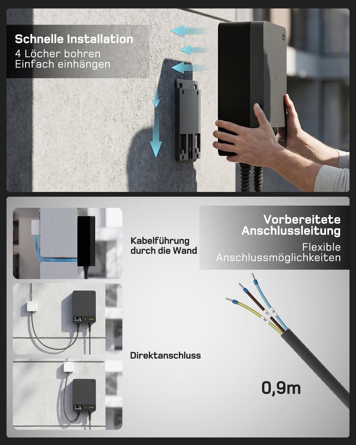 dé Wallbox 7kW APP [6-32A, 1-Phase] Elektrofahrzeug-Ladestation mit 7,5m Typ 2 Ladekabel, RFID und Steckerhalterung, Ladestation mit RCD Typ-B & IP54 Schutz für E-208 & andere BEV/PHEV