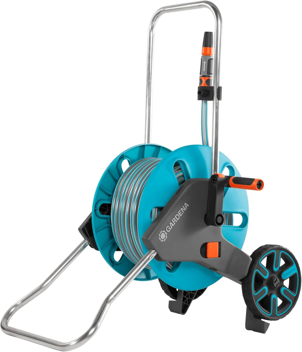 Gardena CleverRoll M Set: Schlauchwagen mit 20 m Classic-Schlauch und Spritze und Clipbefestigung zur Aufbewahrung, Nachtropfstopp, Kurbelseite frei wählbar (18513-88)