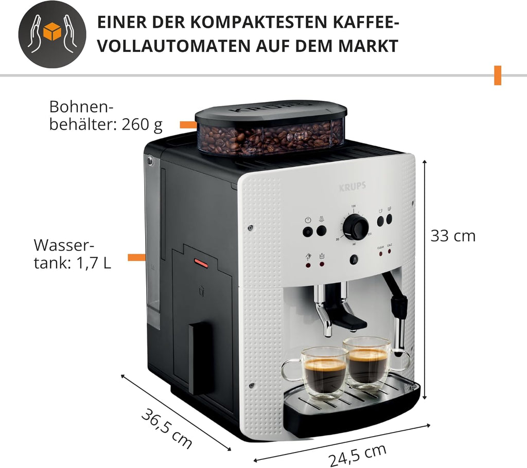 KRUPS Arabica Picto Kaffeevollautomat, kompaktes Design, einfache Bedienung, intuitiv einstellbarer Drehregler, Milchschaumdüse, 2-Tassen-Funktion, Kaffeemaschine, Weiß, EA810570
