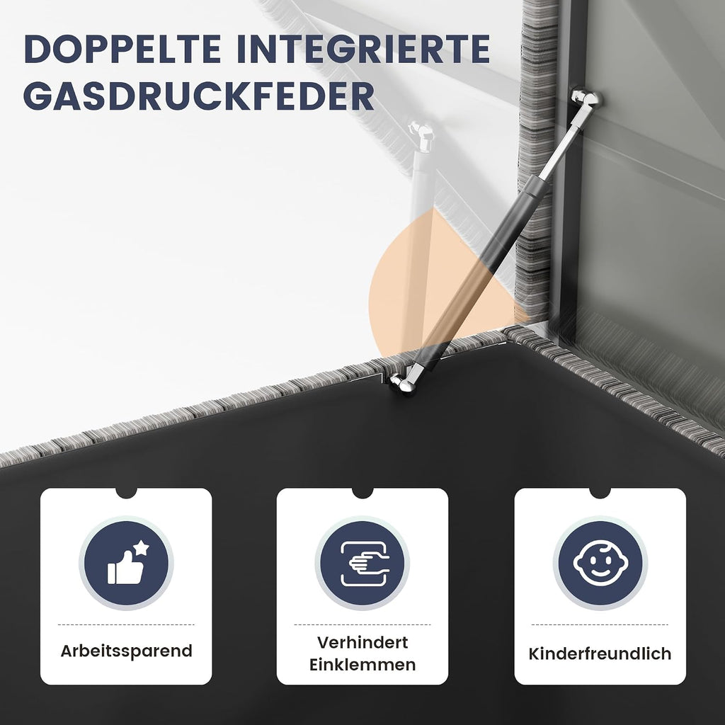 UDPATIO Gartenbox Wasserdicht 870L, Aufbewahrungsbox Garten XXXL, Auflagenbox Wetterfest, Kissenbox Outdoor mit Deckel, Gasdruckfedern, ideal für Garten, Terrasse & Balkon | Grau