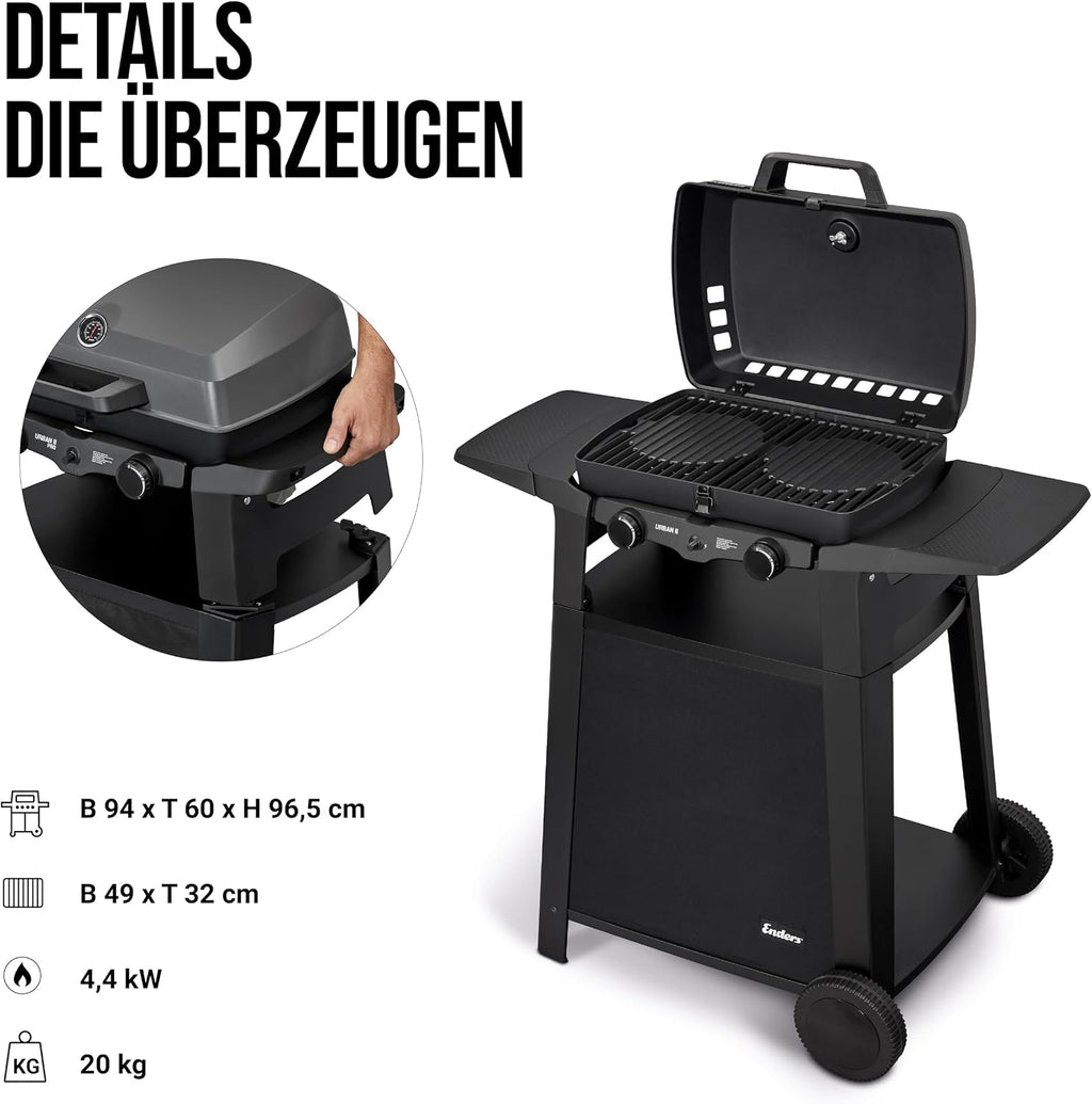 Enders Urban II Trolley, Tischgrill mit Trolley, Grillen-, Kochen- und Backen Funktion, 2 Brenner Edelstahl, mit Grill-Thermometer, Balkon-, Camping-Grill, Aluguss-Gehäuse, Gusseisen-Rost #207072