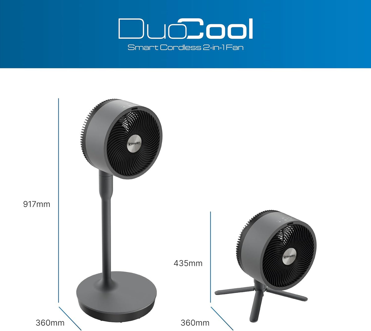 Dimplex DUOCOOL Smart Wireless 2-in-1 Akku-Ventilator – 45h, 36dB, IP54, 20m, Alexa, App, Schwarz