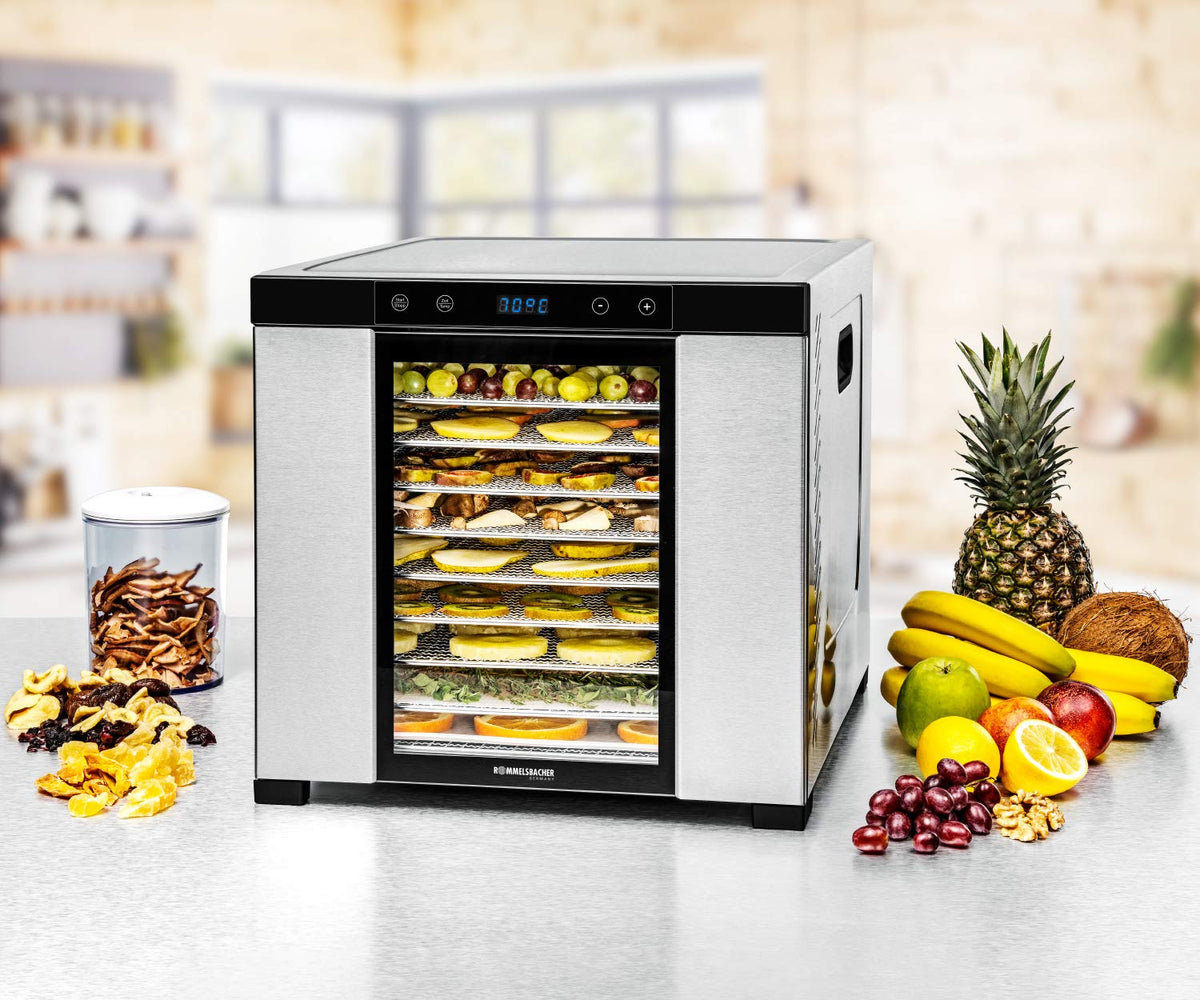 ROMMELSBACHER Dörrautomat DA 1000, XXL-Dörrfläche 1,6 m², inkl. 10 Edelstahl-Dörrtabletts, 2 Dörrgitter, 2 Dörrmatten, LED-Display, 24 Std. Zeitschaltuhr, Temperatur einstellbar (35 °C – 75 °C)o