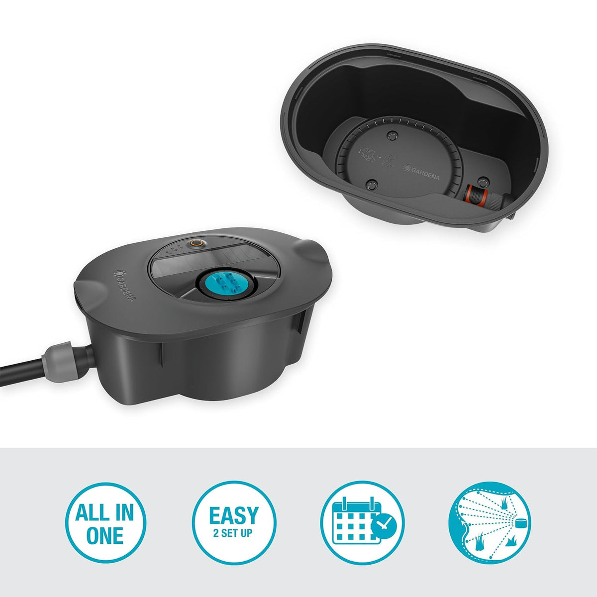 Gardena AquaPrecise, Pipeline Bewässerungssystem für Rasenflächen bis zu 320 m²: solarbetrieben, gleichmäßige Wasserverteilung, für jede Gartenform, Bluetooth, unterirdische Installation (16001-20)