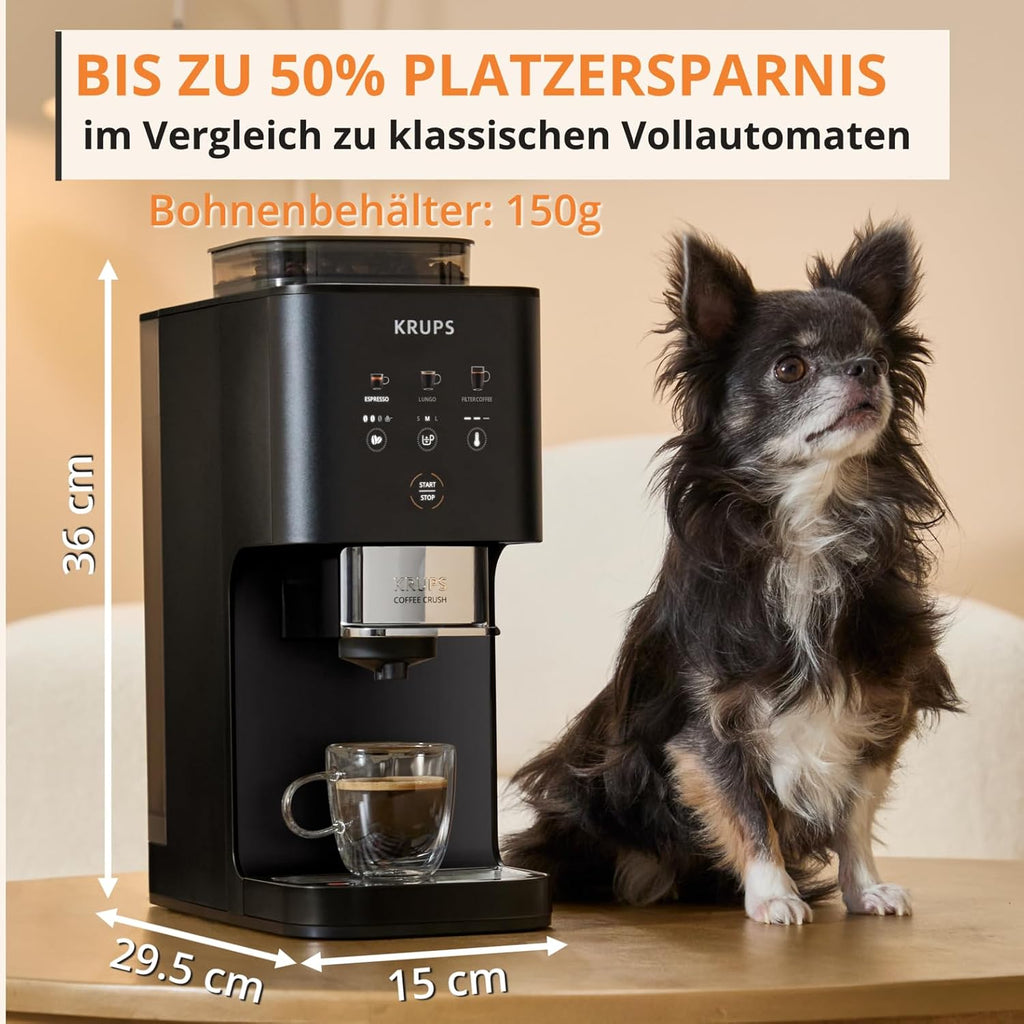 KRUPS Coffee Crush Extra Kaffeevollautomat, nur 15 cm breit, Schwarz