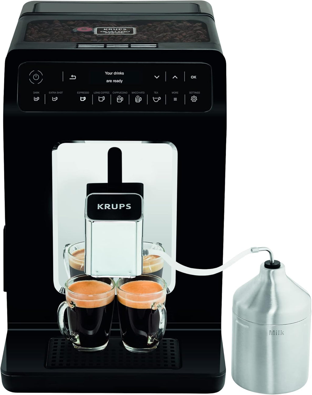 Krups EA8918 Evidence Kaffevollautomat | OLED-Display Barista Quattro Force Technologie | 12 Kaffee | 3 Tee Variationen | One-Touch-Cappuccino | 2-Tassen Funktion | schwarz