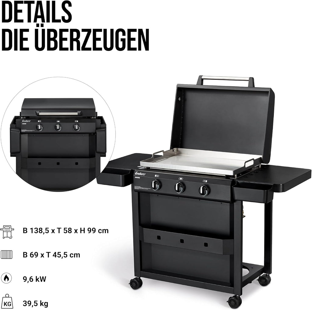 Enders AMARO 3 Plancha Gasgrill Griddle, 3 Edelstahlbrenner, massive Edelstahl-Plancha mit Tragegriffen, große Grillfläche, abnehmbare Haube, 4 Haken, abnehmbare Körbe, Ablagefach #82216