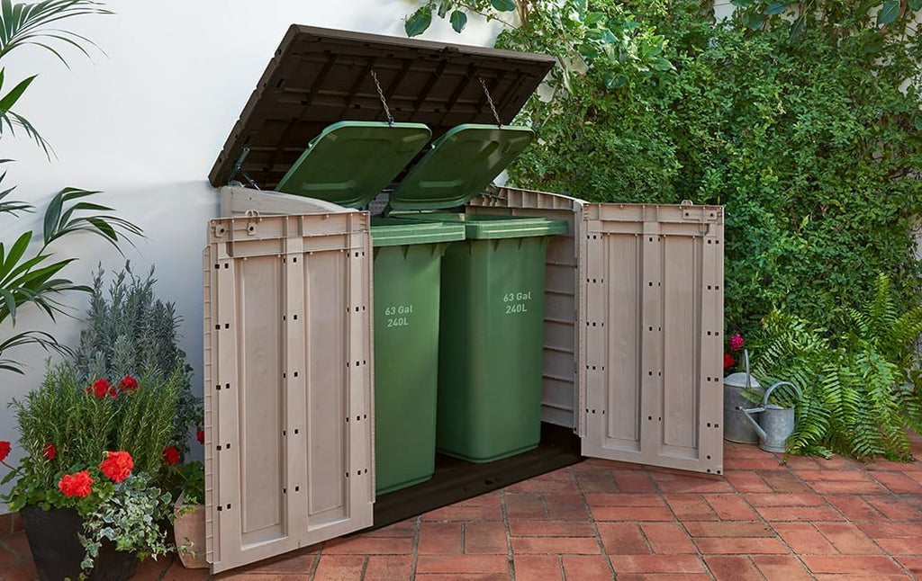 Keter Store it out Max Mülltonnenbox mit Gasdruckfeder, wetterfest, abschließbar, beige, 1.200 L, 145,5 x 82 x 125cm