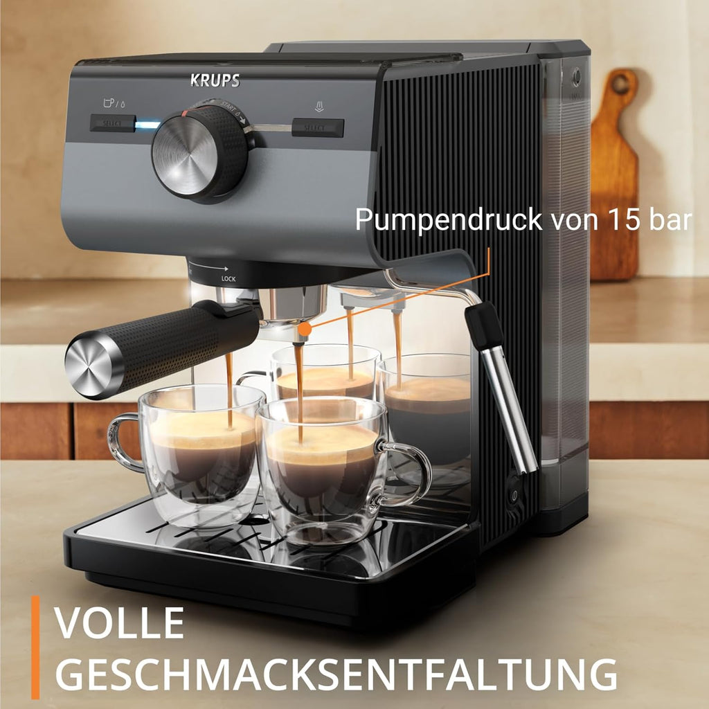 Krups Authentic+ Espresso-Siebträgermaschine, 15 bar, intuitive Bedienung, raffiniertes Design, Dampfdüse, inkl. umfangreichem Zubehör, Bullet Dark Silver/Edelstahl, XP384G10