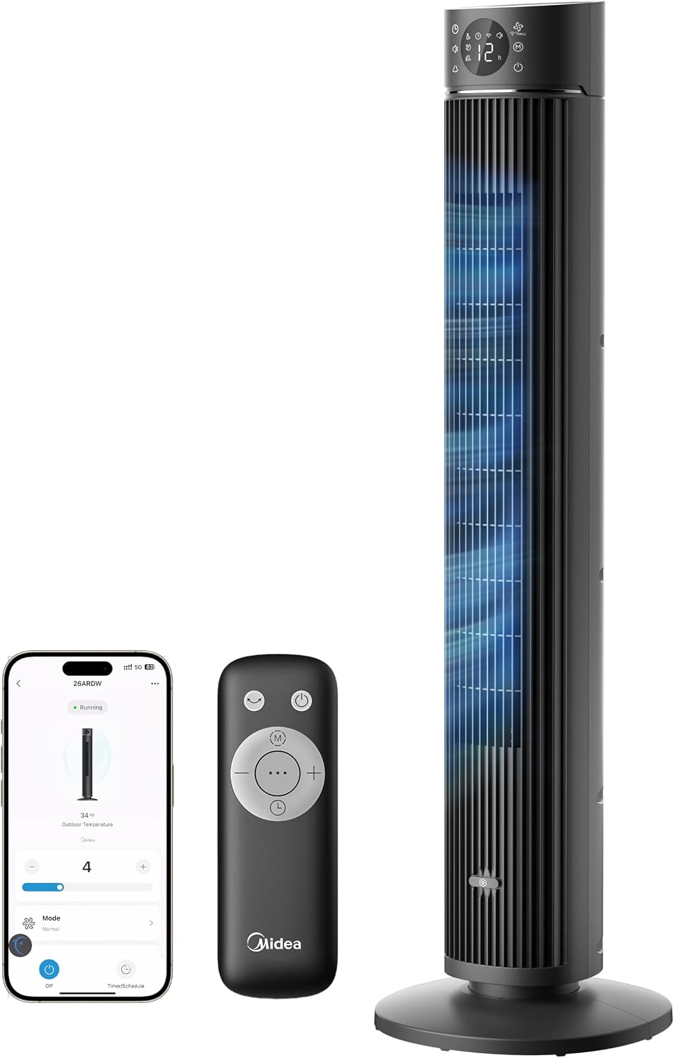 Midea Turmventilator FZ10-26ARDW, 105cm, DC-Motor, App-Steuerung | 19dB Fluesterleise, 4 Modi, 12 Stufen, 24h Timer, Alexa & Google, fuer Schlafzimmer, Wohnzimmer & Buero