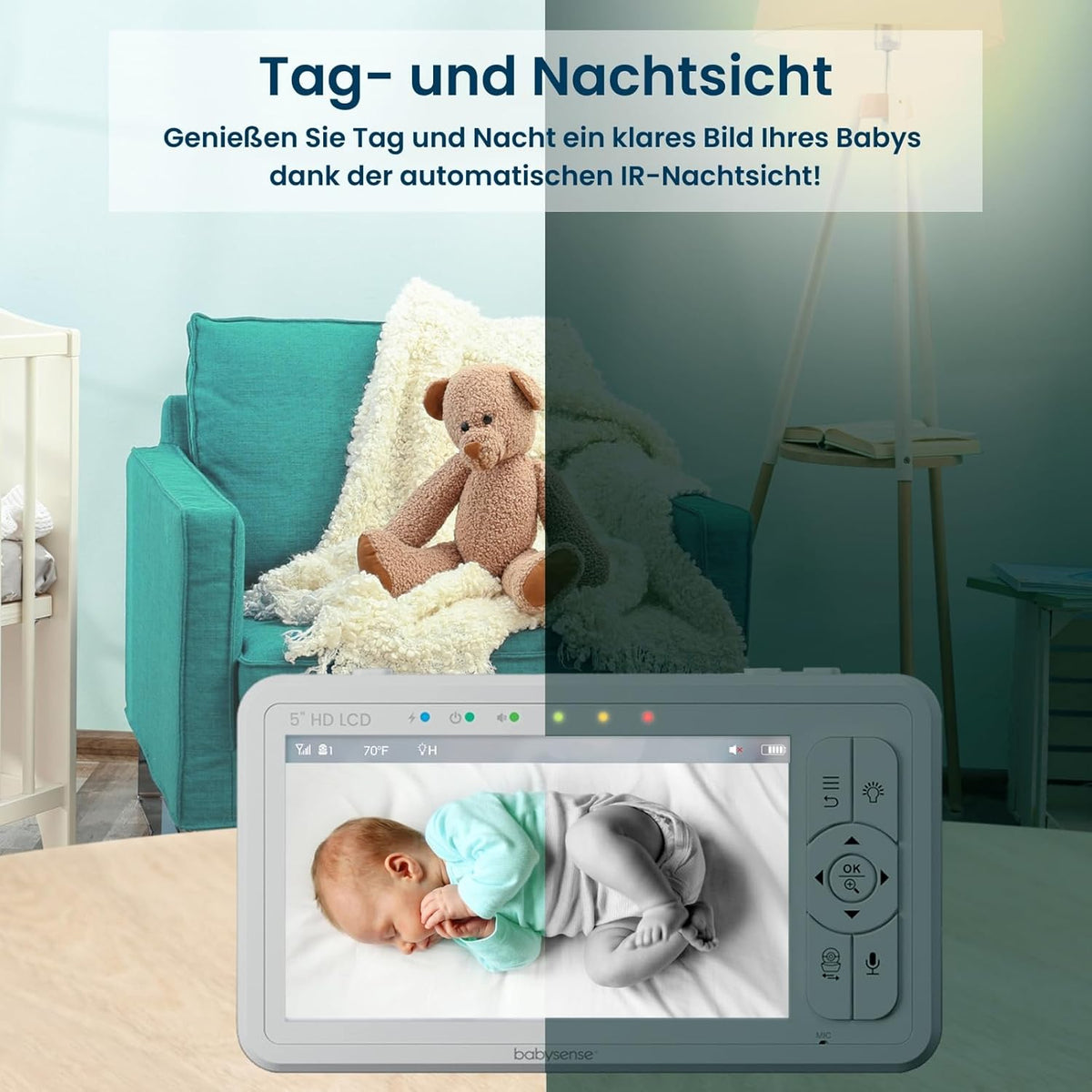Babysense Baby Monitor HD 5 Inch with 2 Cameras, Video Baby Monitor without WiFi, Night Light, Lullabies, 300 m Range, Two-Way Audio, 4x Zoom, 4000 mAh Battery