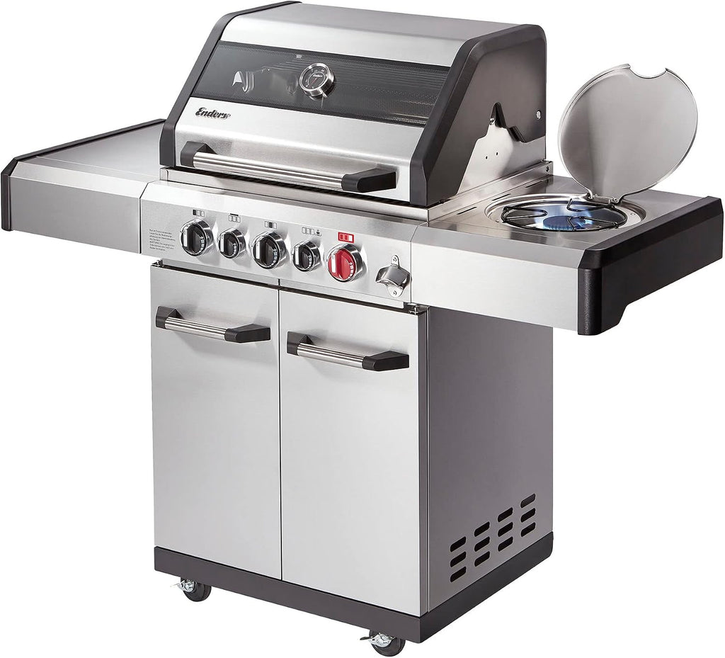 Enders Gasgrill Kansas II Pro 3 SIK Turbo, Gasgrill, 3 Brenner mit doppelwandiger Garhaube und Switch Grid,Turbo Zone (800 °C), Gas Grill mit Backburner & Infrarotbrenner, Seitenkocher, silber,#8713