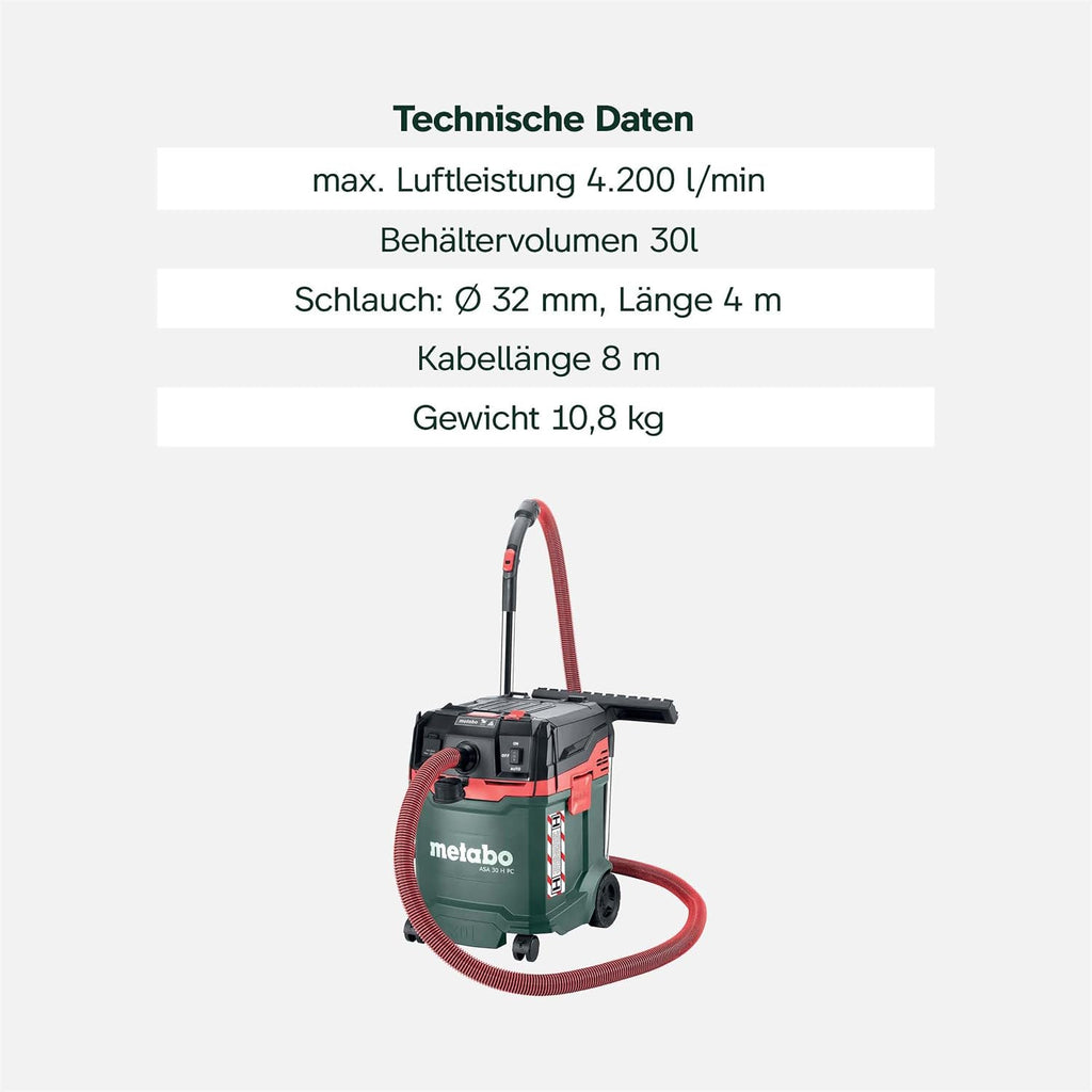 metabo ASA 30 H PC All-Purpose Vacuum Cleaner, Wet/Dry Vacuum Cleaner, Dust Class H, 1200 W