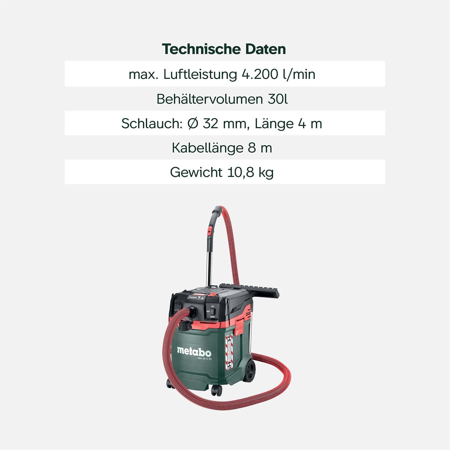 metabo ASA 30 H PC All-Purpose Vacuum Cleaner, Wet/Dry Vacuum Cleaner, Dust Class H, 1200 W
