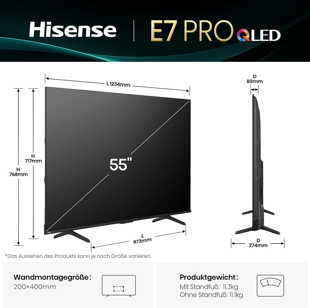Hisense 55E7Q PRO Fernseher 139cm (55 Zoll) 4K UHD QLED, Smart TV,144Hz Game Mode PRO,Filmaker Mode, AMD FreeSync Premium,AI HDR Upscaler,Dolby Vision IQ,Dolby Atmos,Sprachsteuerung[2025]