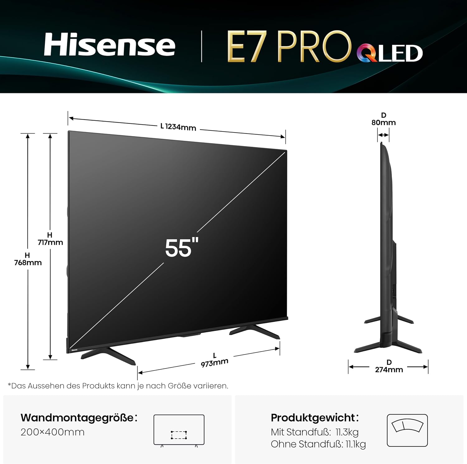Hisense 55E7Q PRO Fernseher 139cm (55 Zoll) 4K UHD QLED, Smart TV,144Hz Game Mode PRO,Filmaker Mode, AMD FreeSync Premium,AI HDR Upscaler,Dolby Vision IQ,Dolby Atmos,Sprachsteuerung[2025]