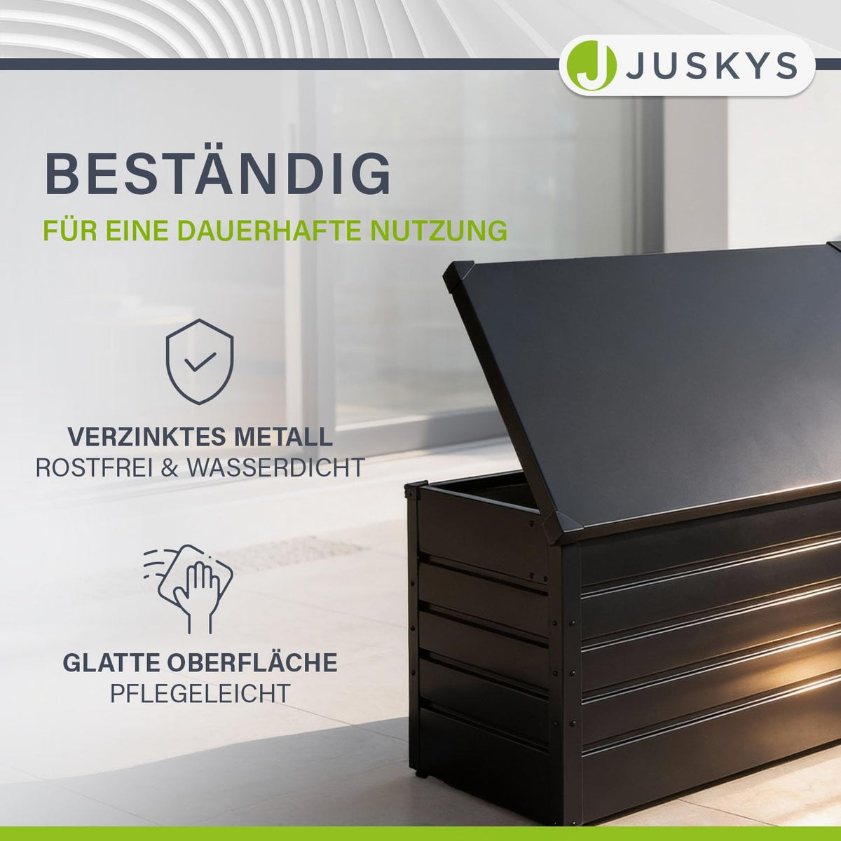 Juskys Metall Aufbewahrungsbox Limani 380 Liter - Outdoor Box - wasserdicht, abschließbar - Gartenbox, Auflagenbox, Kissenbox für Garten Anthrazit