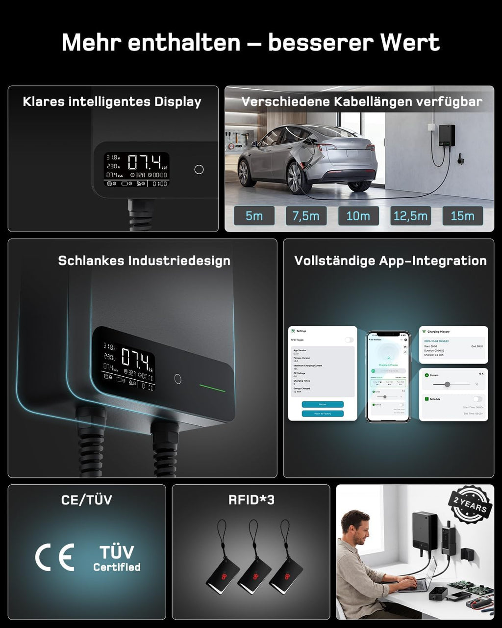 dé Wallbox 7kW APP [6-32A, 1-Phase] Elektrofahrzeug-Ladestation mit 7,5m Typ 2 Ladekabel, RFID und Steckerhalterung, Ladestation mit RCD Typ-B & IP54 Schutz für E-208 & andere BEV/PHEV