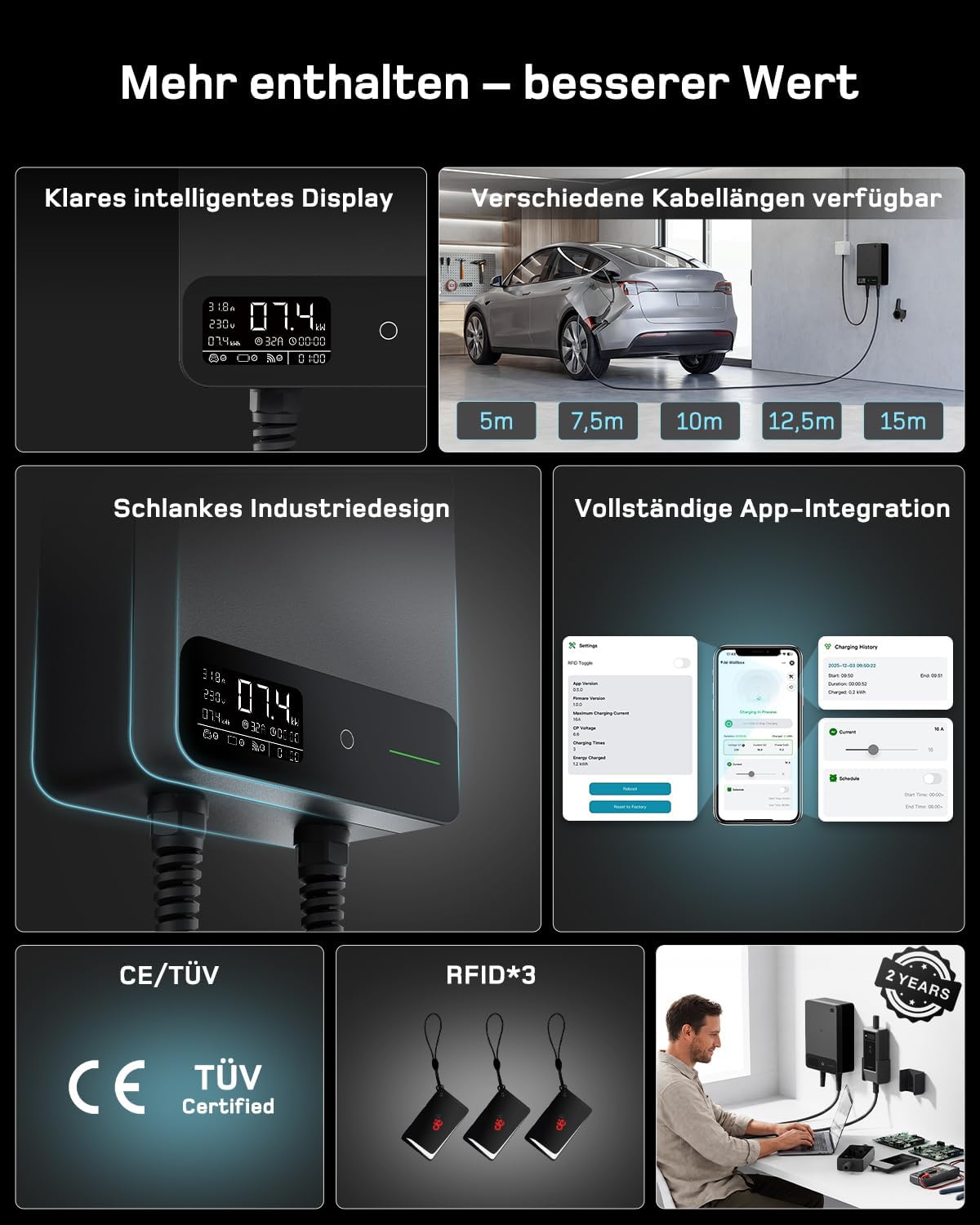 dé Wallbox 7kW APP [6-32A, 1-Phase] Elektrofahrzeug-Ladestation mit 7,5m Typ 2 Ladekabel, RFID und Steckerhalterung, Ladestation mit RCD Typ-B & IP54 Schutz für E-208 & andere BEV/PHEV