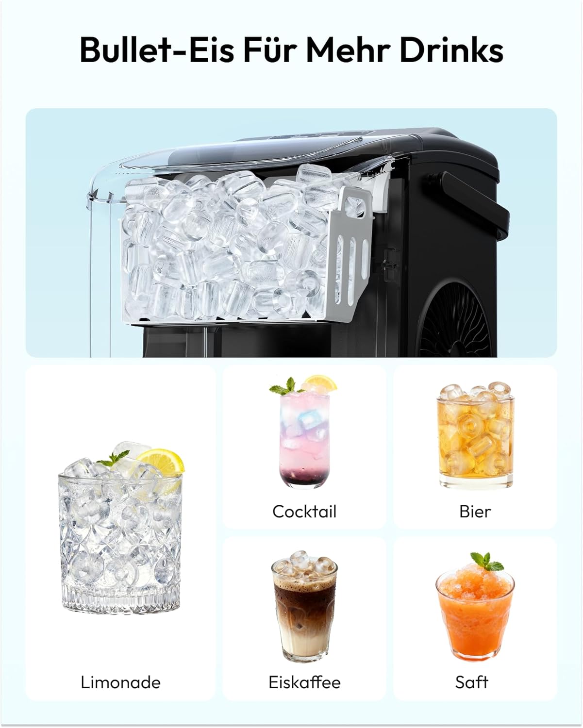 EUHOMY Small Ice Cube Maker, 12 kg Ice Cube Maker, 9 Cubes Ready in 6 Minutes, Black Ice Cube Machine with Portable Handle, 12 kg/24 H, Self-Cleaning Ice Cube Machines