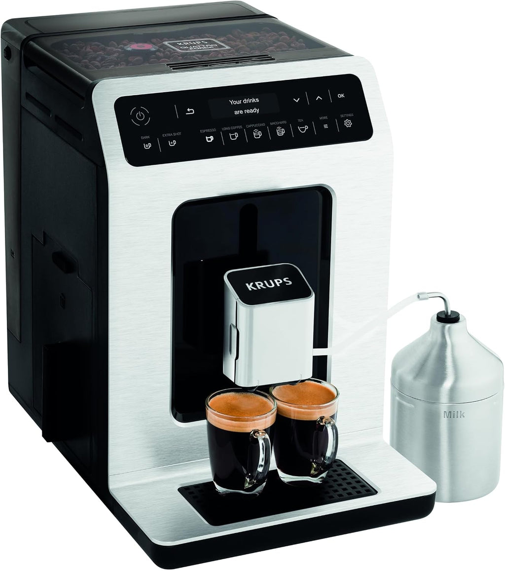 Krups Evidence Kaffeevollautomat mit Milchschaumdüse & 2-Tassen-Funktion, für Espresso, Cappuccino & Latte Macchiato mit cremigem Milchschaum & automatischer Reinigung, Silber/Schwarz, EA891D10