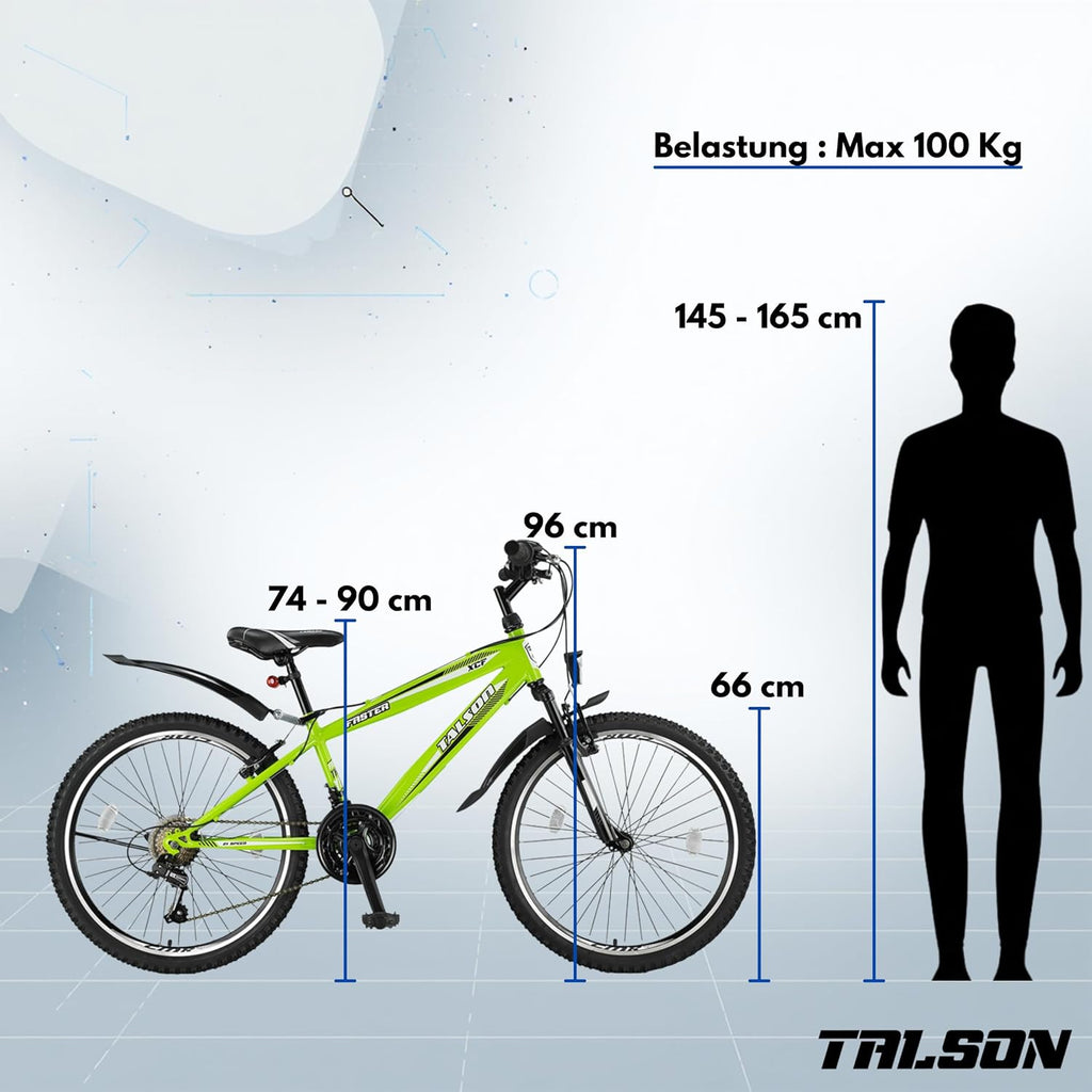 Talson 26 Zoll Mountainbike Fahrrad mit Gabelfederung und Beleuchtung mit 21-Gang Shimano in Grün