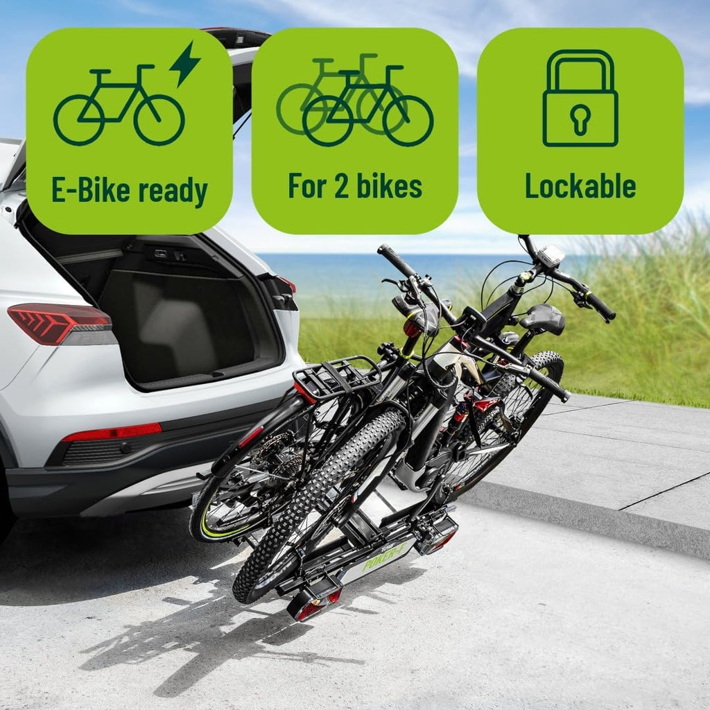 EUFAB 12010LAS Fahrradträger POKER-F, E-Bike geeignet, komplett vormontiert, Diebstahlschutz, für 2 Fahrräder, für Anhängerkupplung, Schwarz, 142 x 70 x 58 cm