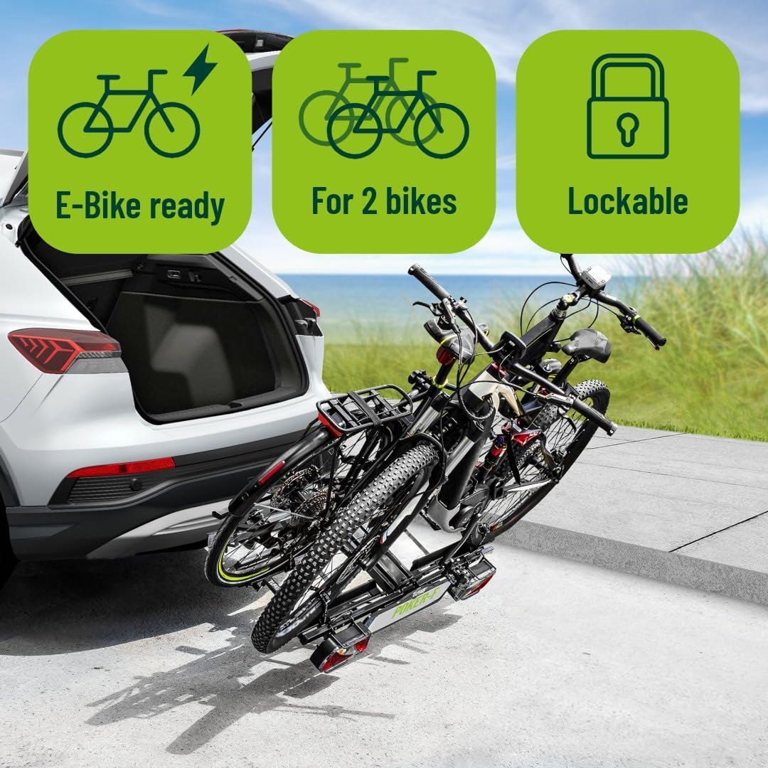 EUFAB 12010LAS Fahrradträger POKER-F, E-Bike geeignet, komplett vormontiert, Diebstahlschutz, für 2 Fahrräder, für Anhängerkupplung, Schwarz, 142 x 70 x 58 cm