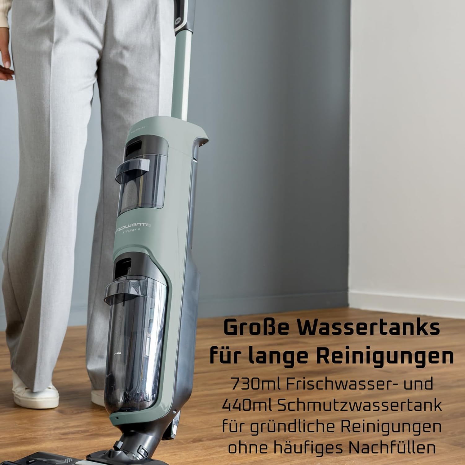 Rowenta X-Clean 2, 2-in-1 Nass-Trockensauger, ECO-/MAX-Modi für makellose Ergebnisse, 1,1 kg leicht, selbstfahrende Walze, Kantenreinigung, 90 Sek. Selbstreinigungszyklus, Eucalyptus, GZ2262E0