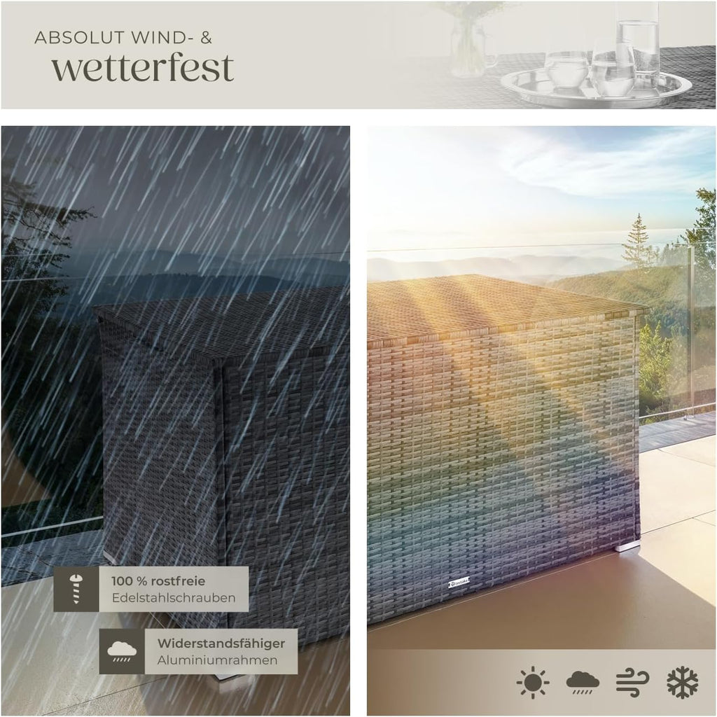 tectake® Aluminium Polyrattan Aufbewahrungsbox mit Deckel, 750L, Gartenkiste wetterfest, Gartenbox mit Gasdruckfedern, Garten Auflagenbox, UV-beständig, rostfrei, Stauraum, 145x82,5x79,5 cm - grau