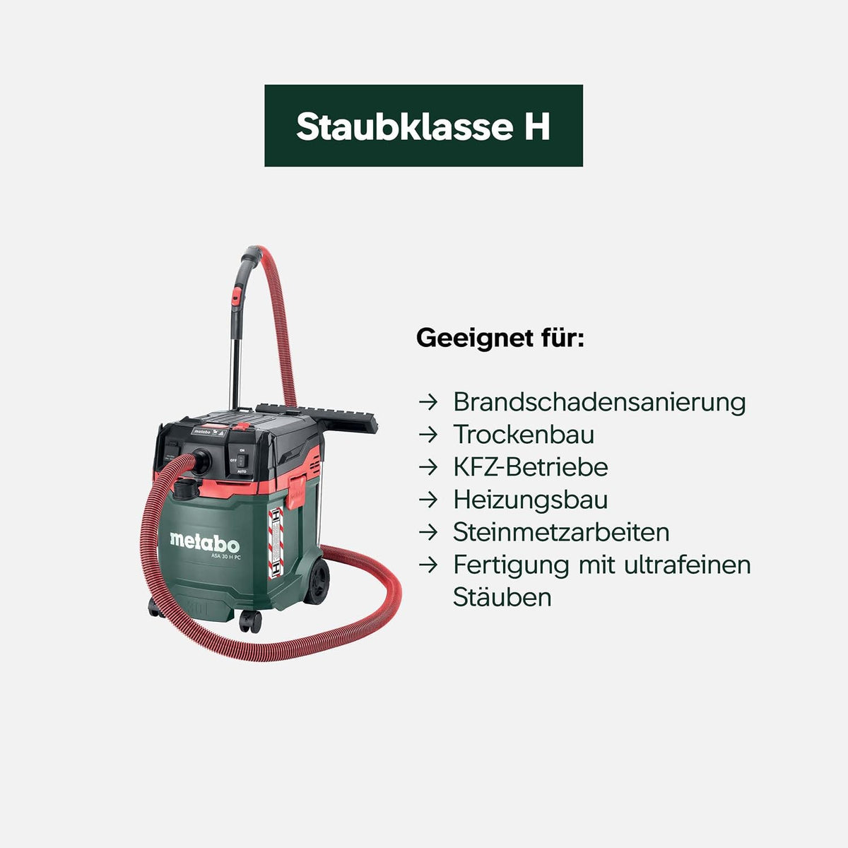 metabo ASA 30 H PC All-Purpose Vacuum Cleaner, Wet/Dry Vacuum Cleaner, Dust Class H, 1200 W
