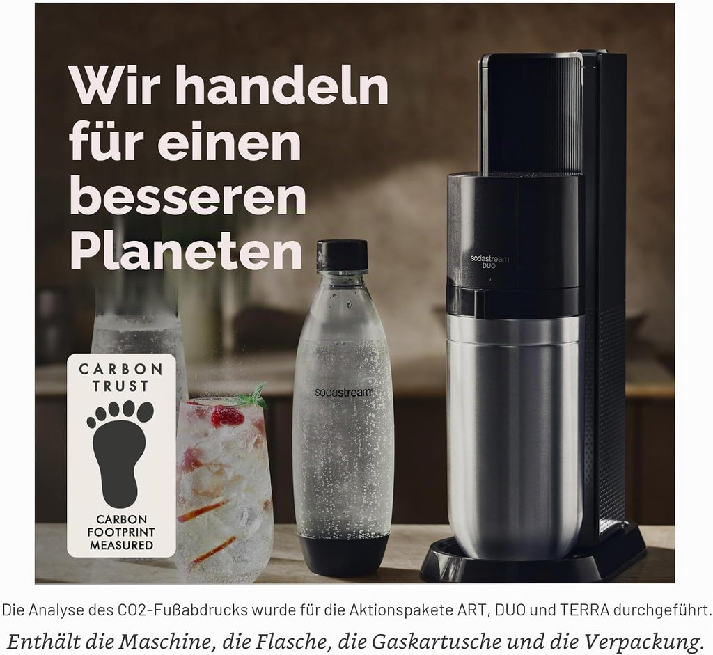SodaStream Wassersprudler DUO Vorteilspack mit 1x Quick-Connect CO2-Zylinder, 2x 1L Glasflasche und 1x 1L spülmaschinenfeste Kunststoff-Flasche, Höhe: 44cm, Farbe: Titan