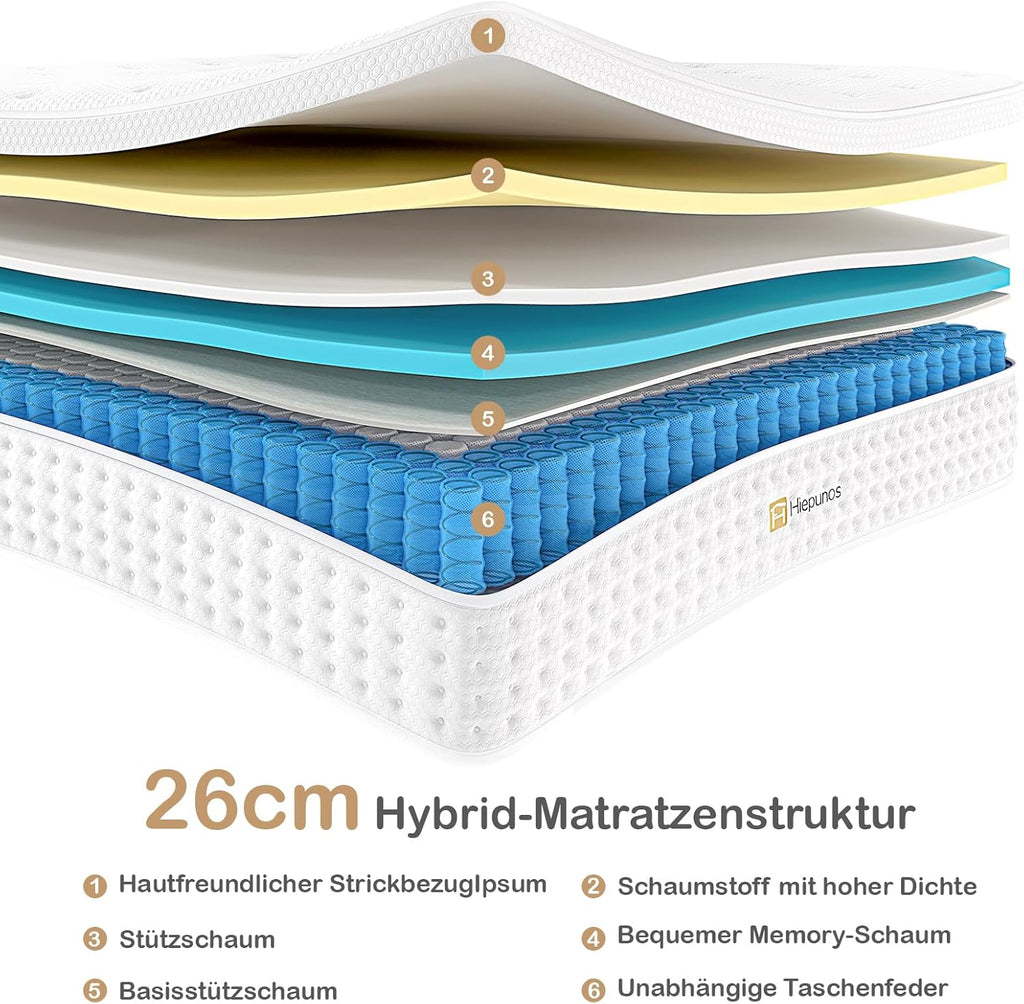 Hiepunos Matratze 180x200cm Höhe 26 cm, 7-Zonen Taschenfederkernmatratze H3