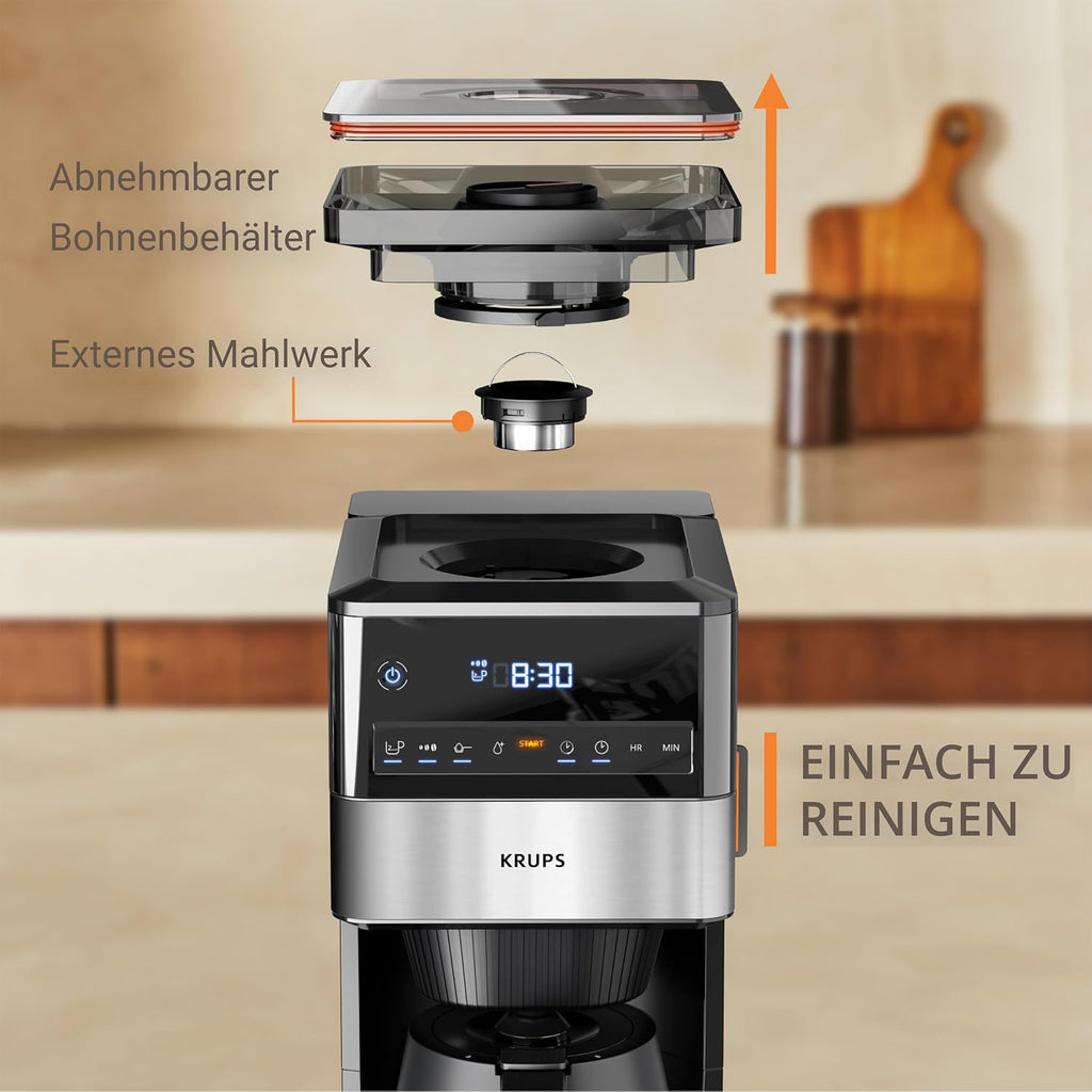 KRUPS Grind Aroma XL Filterkaffeemaschine, abnehmbares Kegelmahlwerk, digitales Bedienfeld, XL-Fassungsvermögen (1,25 L), Edelstahl-Thermoskanne, Schwarz/Edelstahl, KT842810