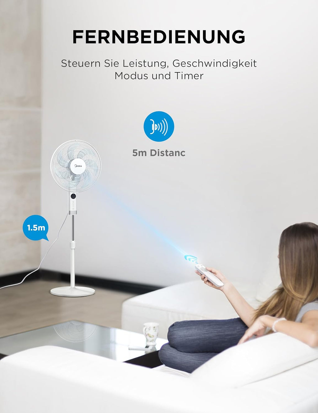 Midea FS40-23MR Standventilator mit 3 Geschwindigkeiten, Teleskophöhe und -größe, Fernbedienung, duales Beschleunigungssystem, 90-Grad-Schwingung nach links und rechts