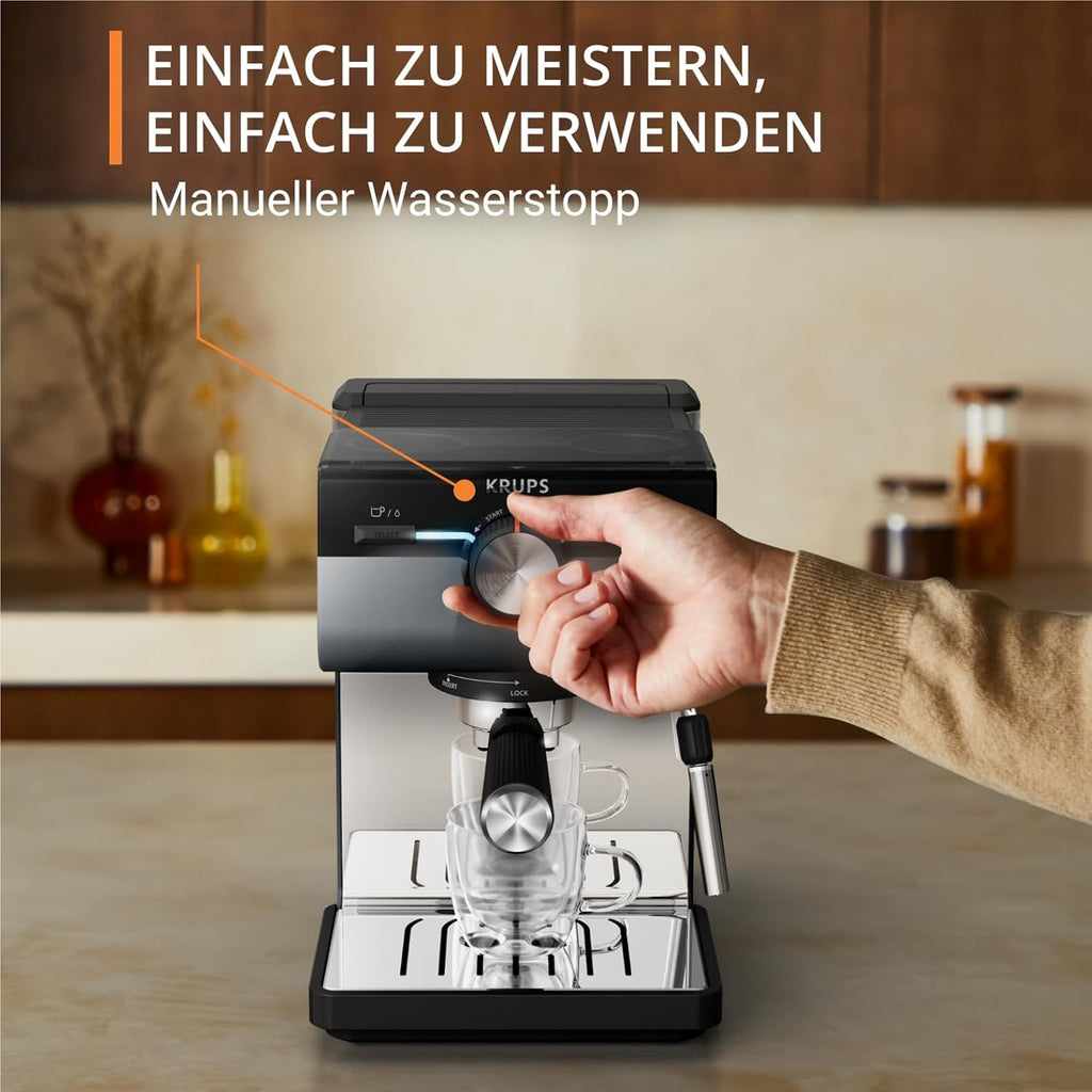 Krups Authentic+ Espresso-Siebträgermaschine, 15 bar, intuitive Bedienung, raffiniertes Design, Dampfdüse, inkl. umfangreichem Zubehör, Bullet Dark Silver/Edelstahl, XP384G10
