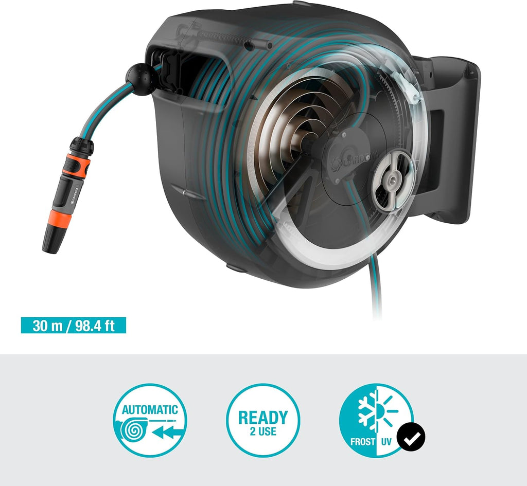 Gardena Wand-Schlauchbox RollUp L (weiß) 30 m exklusiv für Amazon: Schwenkbare Schlauchbox, integrierte Schlauchführung, inkl. 30 m Gardena Qualitätsschlauch, Reinigungsspritze und Brause (18627-38)