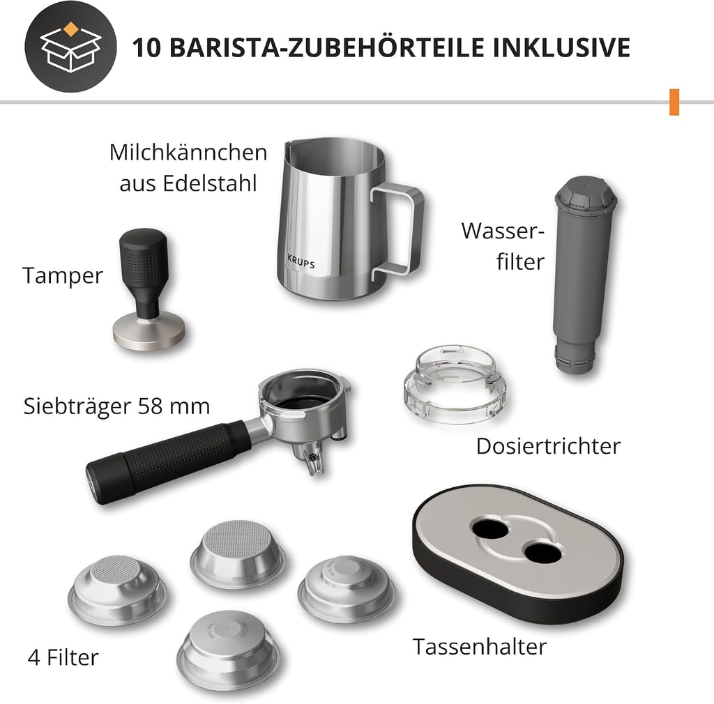 Krups Precision manuelle Siebträgermaschine mit Mahlwerk, Barista Kaffeemaschine mit intuitiver Bedienfläche, Pre-Infusion-Einstellungen, Espressomaschine mit Dampfdüse, schnelles Aufheizen, XP801T10