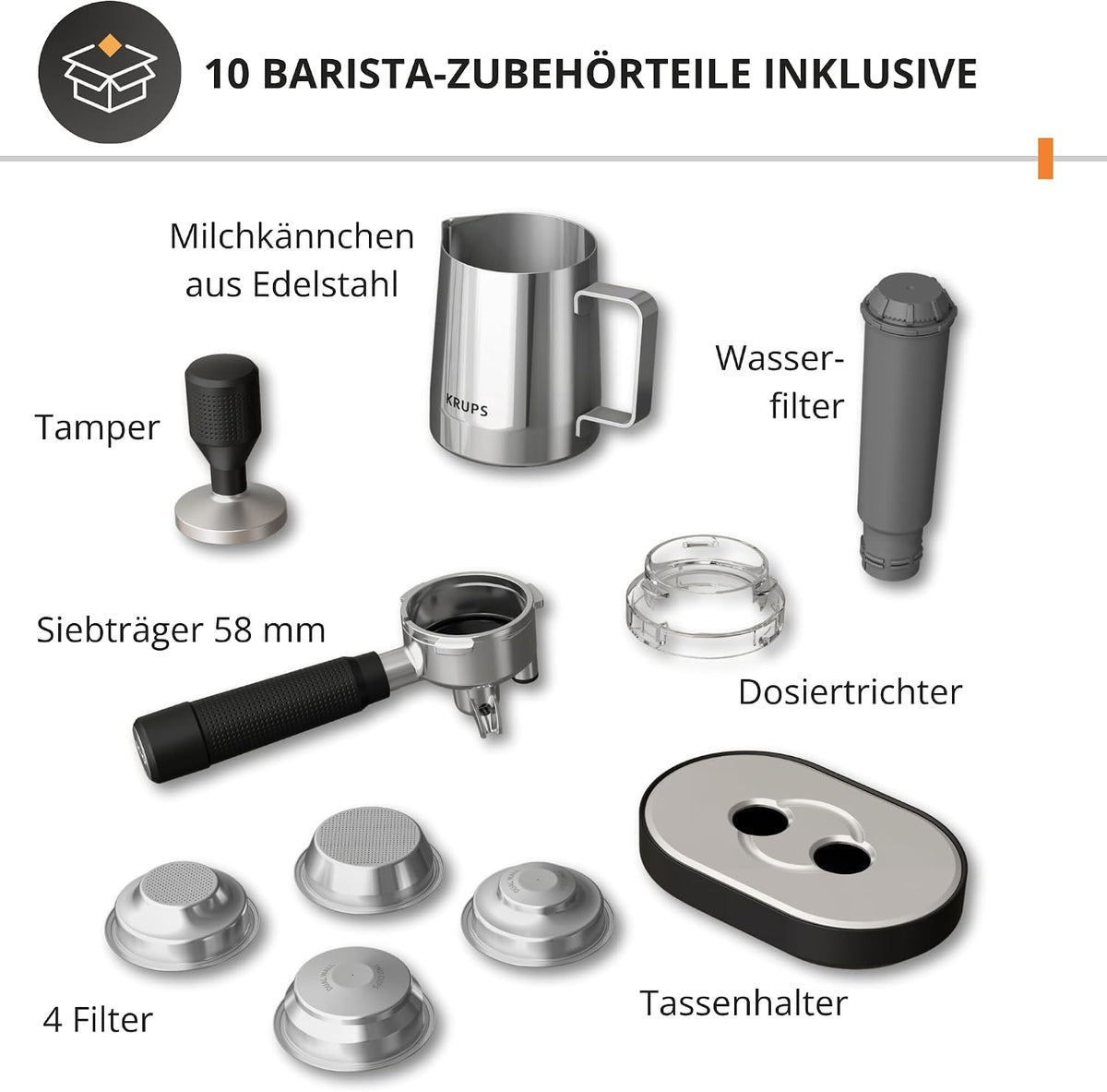 Krups Precision manuelle Siebträgermaschine mit Mahlwerk, Barista Kaffeemaschine mit intuitiver Bedienfläche, Pre-Infusion-Einstellungen, Espressomaschine mit Dampfdüse, schnelles Aufheizen, XP801T10