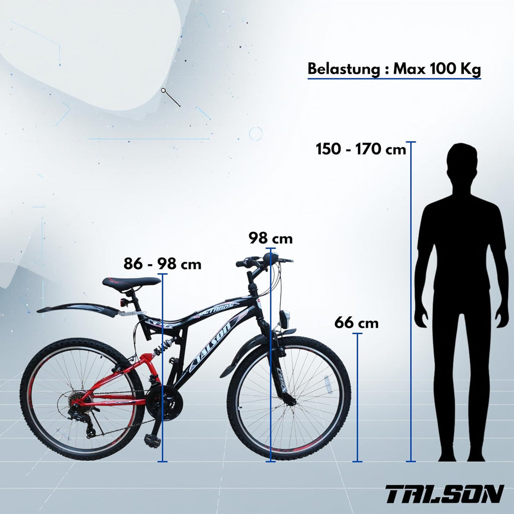 Talson 26 Zoll Mountainbike Fahrrad MIT VOLLFEDERUNG & Beleuchtung 21-Gang Shimano OXT RED