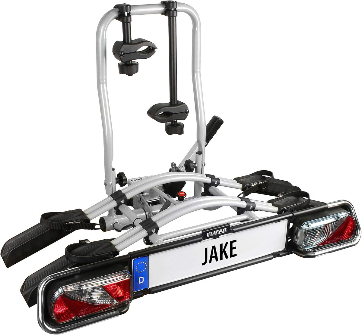 EUFAB 11510 Fahrradträger JAKE, E-Bike geeignet, teilweise vormontiert, erweiterbar, Diebstahlschutz, für 2 Fahrräder, für Anhängerkupplung