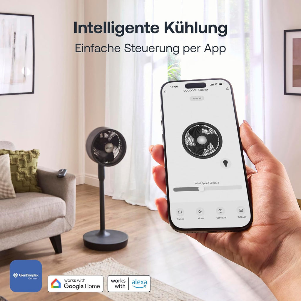 Dimplex DUOCOOL Smart Wireless 2-in-1 Akku-Ventilator – 45h, 36dB, IP54, 20m, Alexa, App, Schwarz