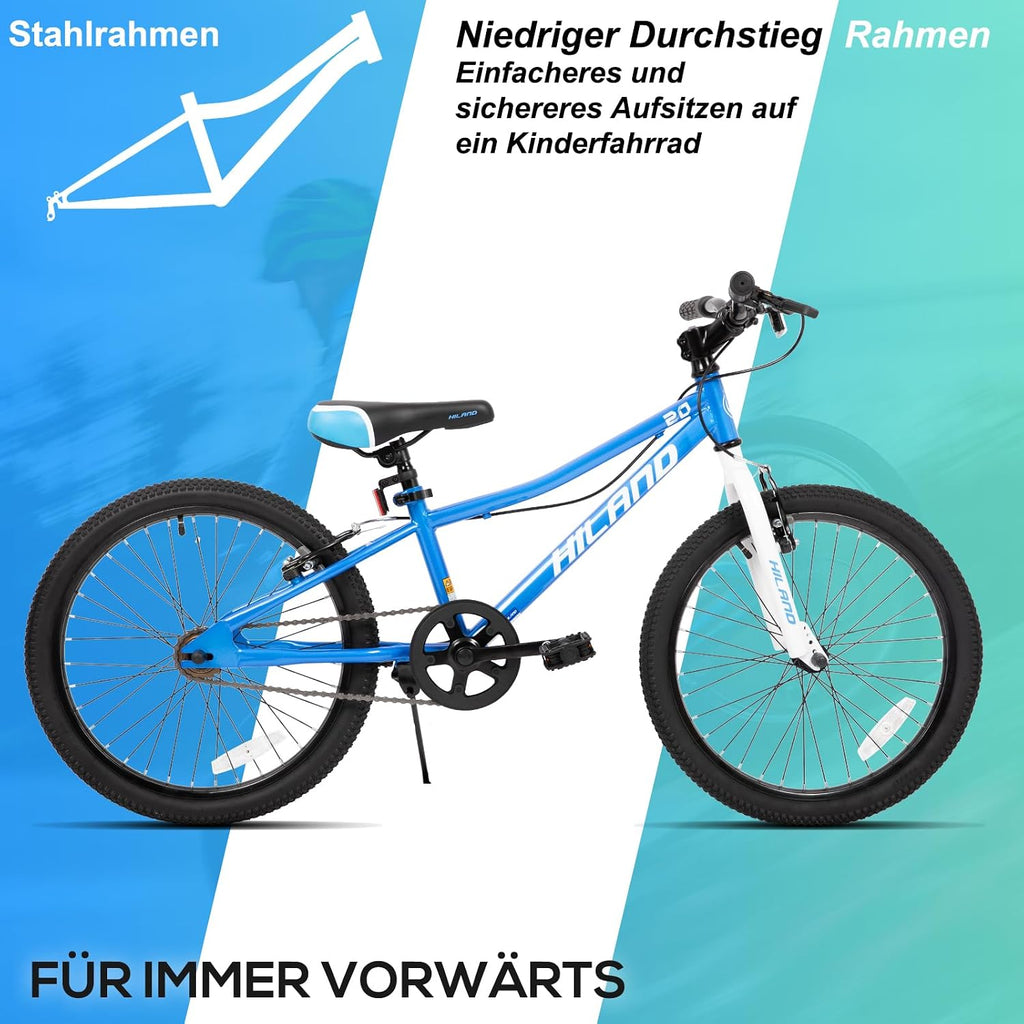 HILAND Climber Kinderfahrrad 20 Zoll, Mountainbike für Kinder 5–10 Jahre, Fahrrad für Jungen und Mädchen mit V-Bremse und Step-Through-Stahlrahmen