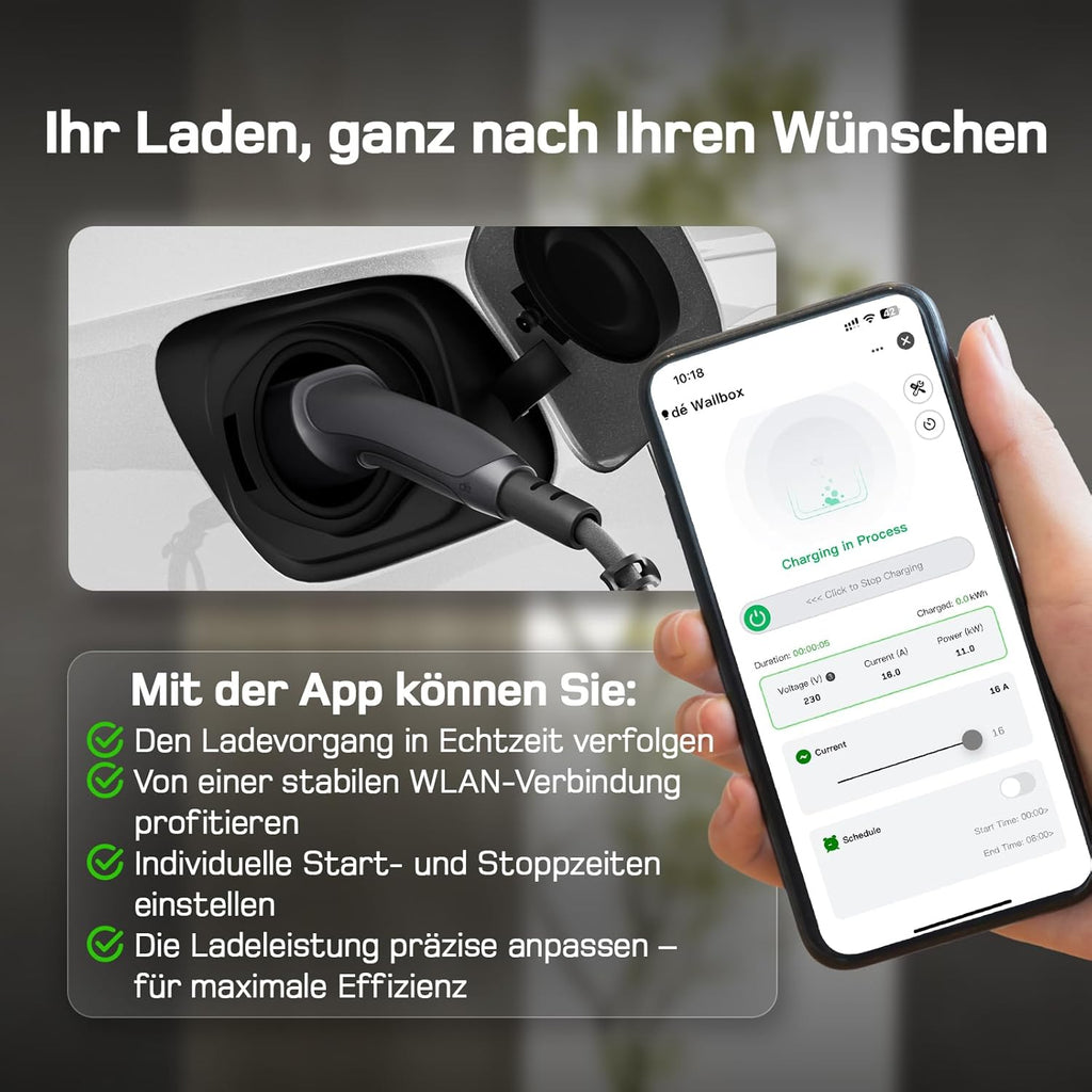 dé Mobile Wallbox 11 kW with App [7 m | 3-Phase | 6-16 A] | Charging cable e car CEE-16A 400V to type 2 with adjustable charging power, EV charger for BEV/PHEV