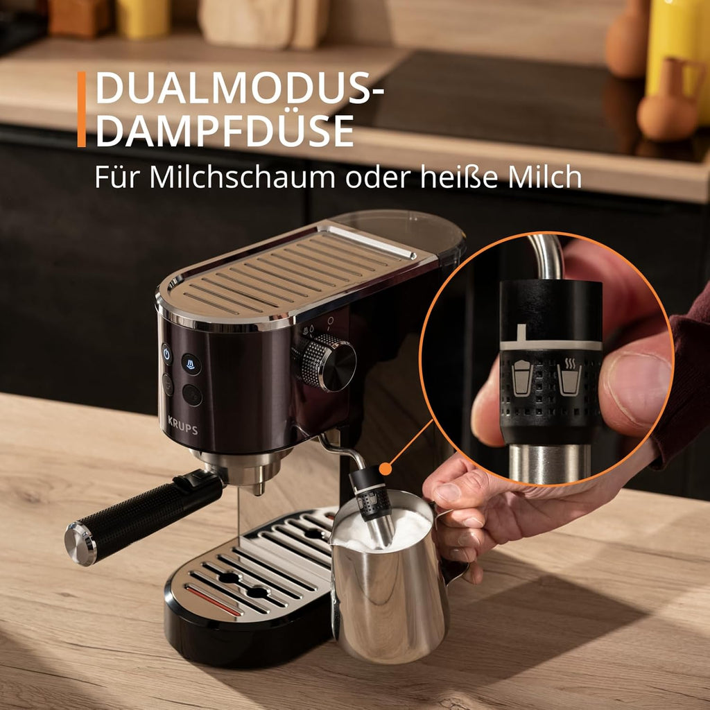 Krups Virtuoso+ Espresso-Siebträgermaschine, 15 bar Pumpendruck, 3 Crema-Filter, Edelstahl-Dampfdüse, intuitives Bedienfeld, Drehregler, inkl. Dosierlöffel und Tamper, Schwarz/Edelstahl, XP444G