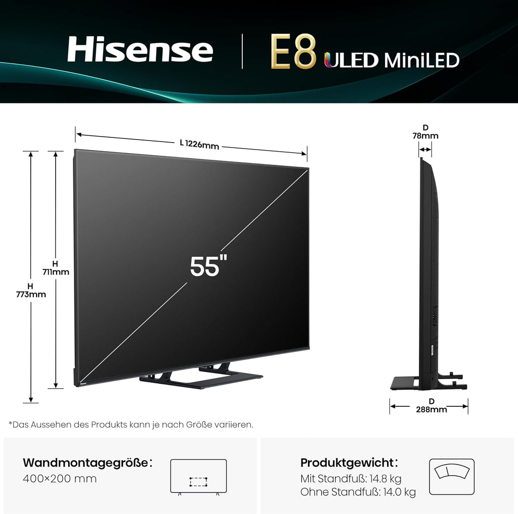 Hisense 55E89Q Fernseher, 55 Zoll (139cm), 4K ULED Mini LED, Smart TV, 144Hz Game Mode PRO, Hi-View AI Engine, AI Smoothmotion, Built-in Subwoofer, Dolby Vision.Atmos, Filmmaker Mode, Hi-Concerto