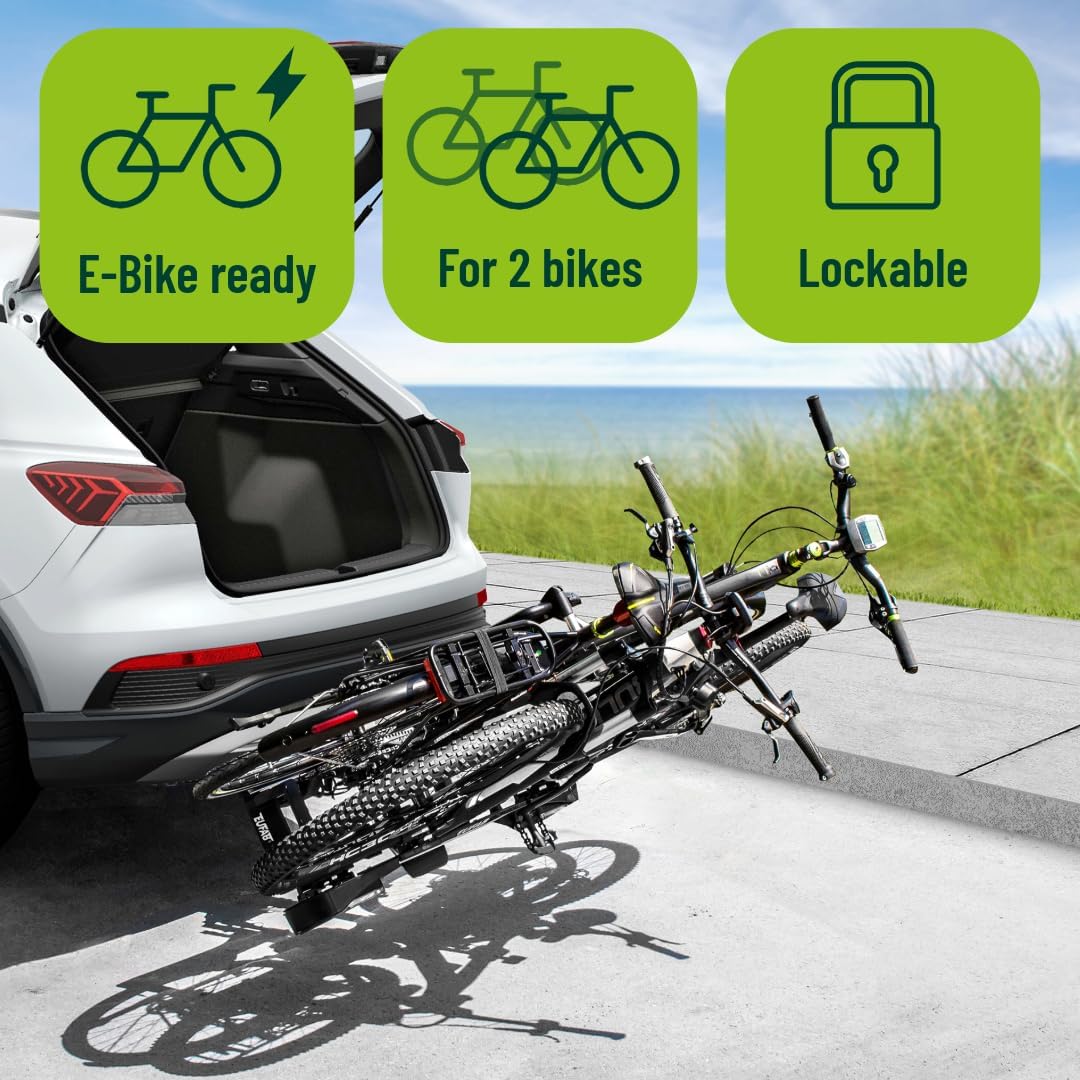 EUFAB 11521 Premium 2 Bicycle Carrier, Suitable for E-Bikes, Completely Pre-Assembled, Anti-Theft Protection, for 2 Bicycles, for Towing Hitch, Black, Silver