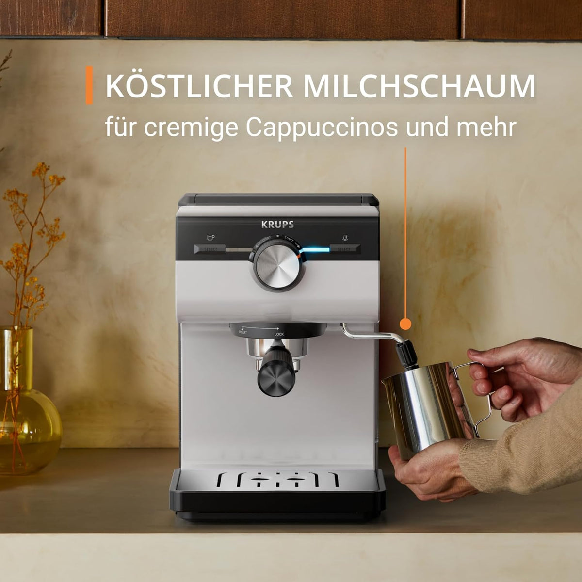 Krups Authentic Espresso-Siebträgermaschine, 15 bar, intuitive Bedienung, raffiniertes Design, integrierte Dampfdüse, 2 L-Wassertank, inkl. Zubehör, Grey/Creme, XP381B10