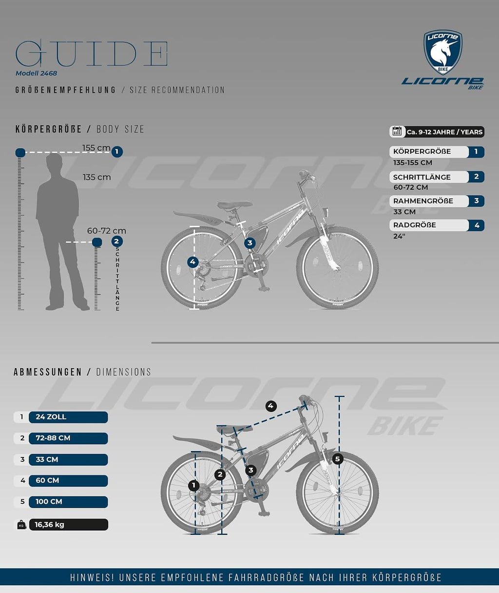 Licorne Bike Guide Premium Mountainbike in 20, 24, 26, 27.5 und 29 Zoll Fahrrad für Mädchen Jungen Herren und Damen